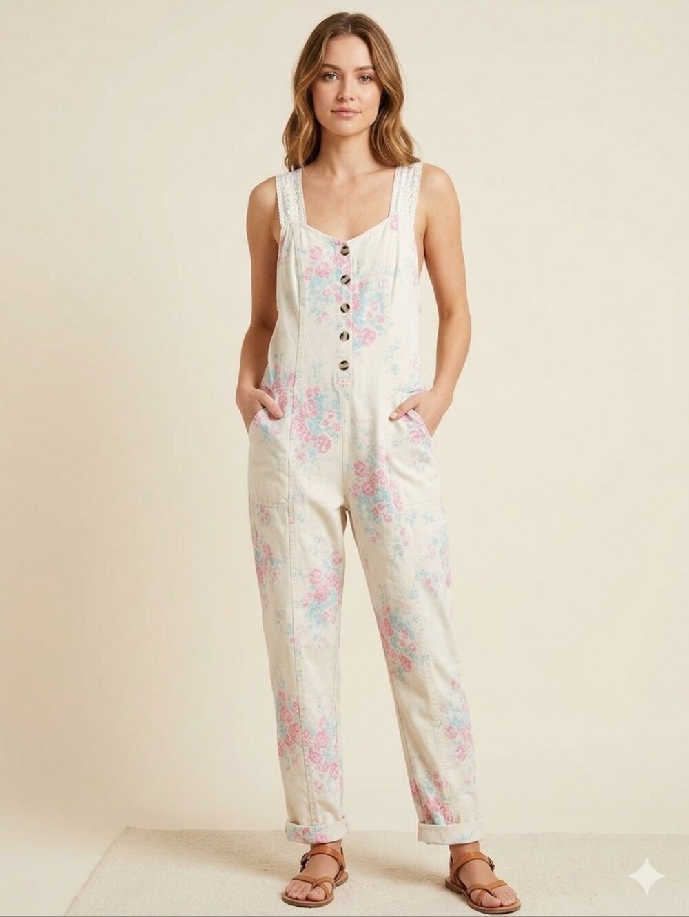 Free People Bluebell Floral Jumpsuit Cream Lace Cottagecore S/P